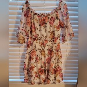 Premier Amour Floral Smocked Waist Dress - White with Pink & Yellow Roses EUC